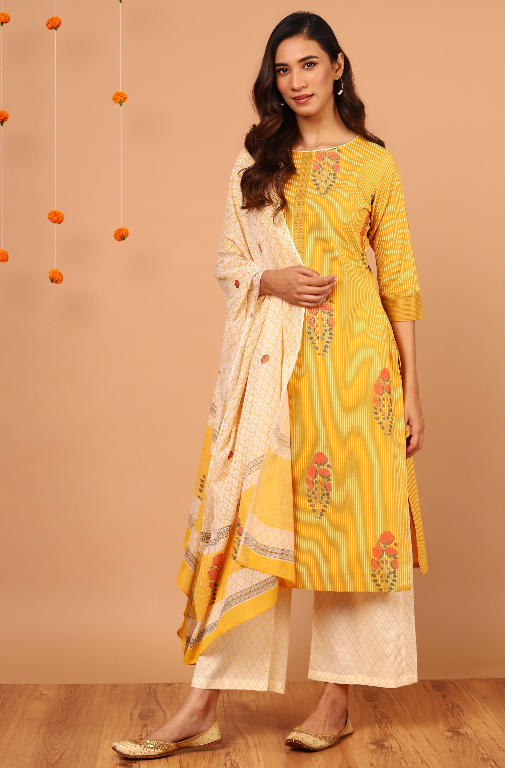 Janasya Women's Yellow Cotton Striped Kurta With Palazzo And Dupatta | Swadesiicart