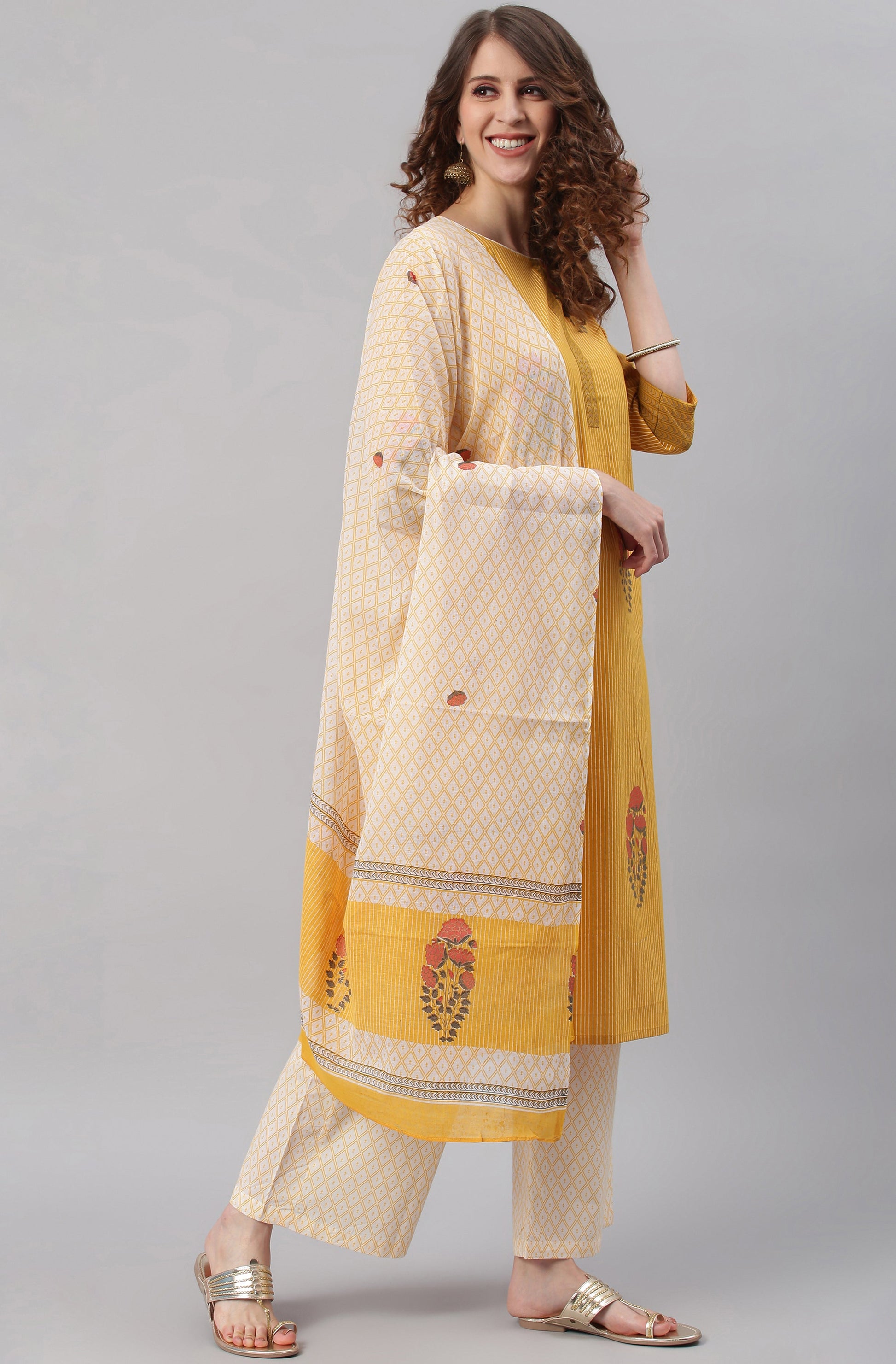 Janasya Women's Yellow Cotton Striped Kurta With Palazzo And Dupatta | Swadesiicart