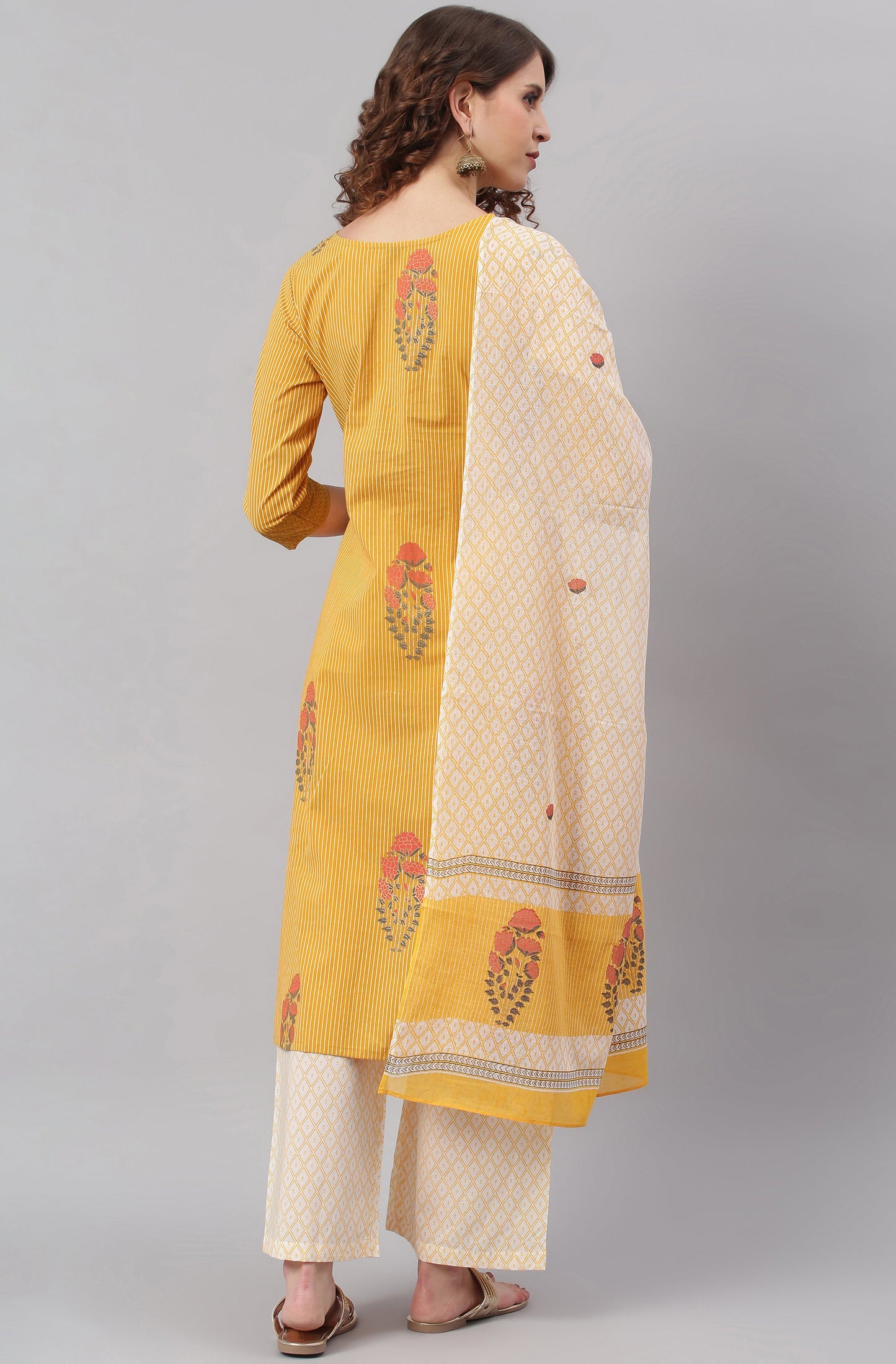 Janasya Women's Yellow Cotton Striped Kurta With Palazzo And Dupatta | Swadesiicart