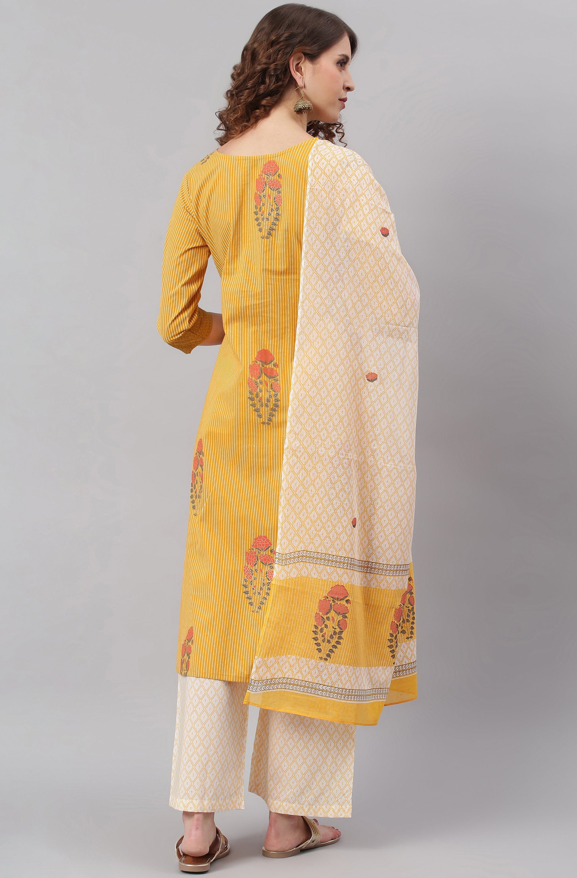 Janasya Women's Yellow Cotton Striped Kurta With Palazzo And Dupatta | Swadesiicart