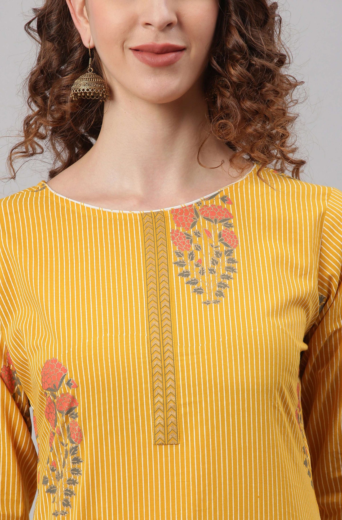 Janasya Women's Yellow Cotton Striped Kurta With Palazzo And Dupatta | Swadesiicart