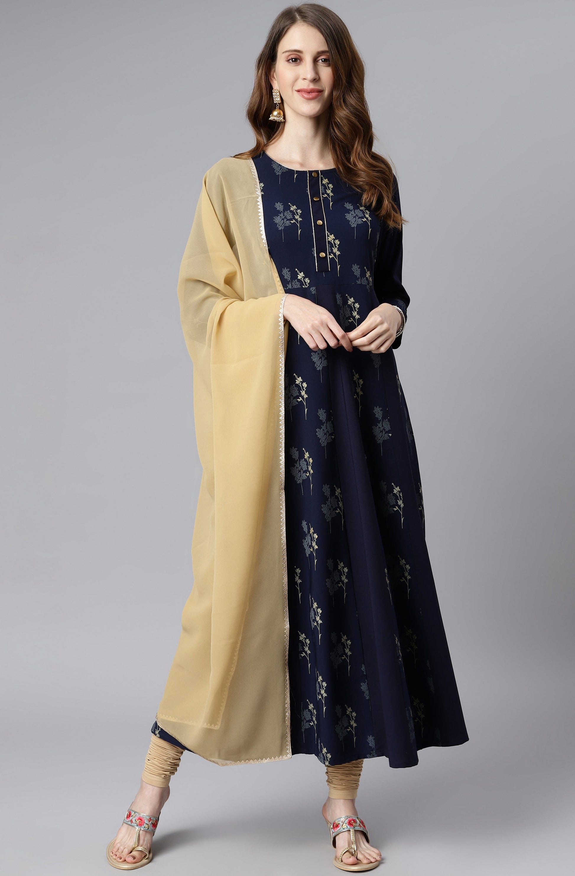 Janasya Women's Navy Blue Poly Crepe Floral Printed Anarkali Casual Kurta Set | Swadesiicart