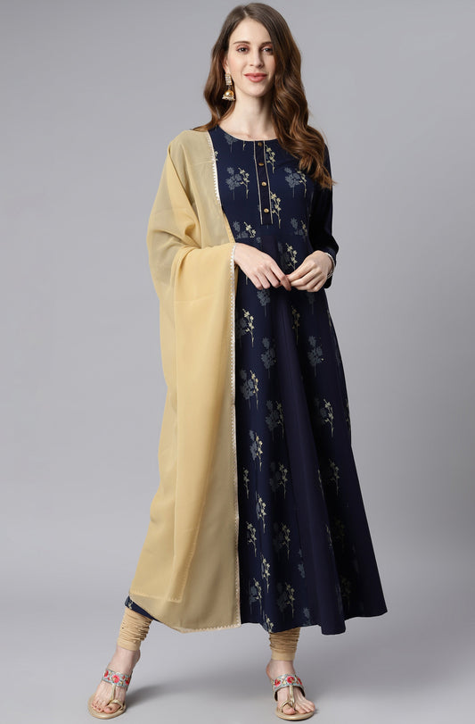 Janasya Women's Navy Blue Poly Crepe Floral Printed Anarkali Casual Kurta Set | Swadesiicart