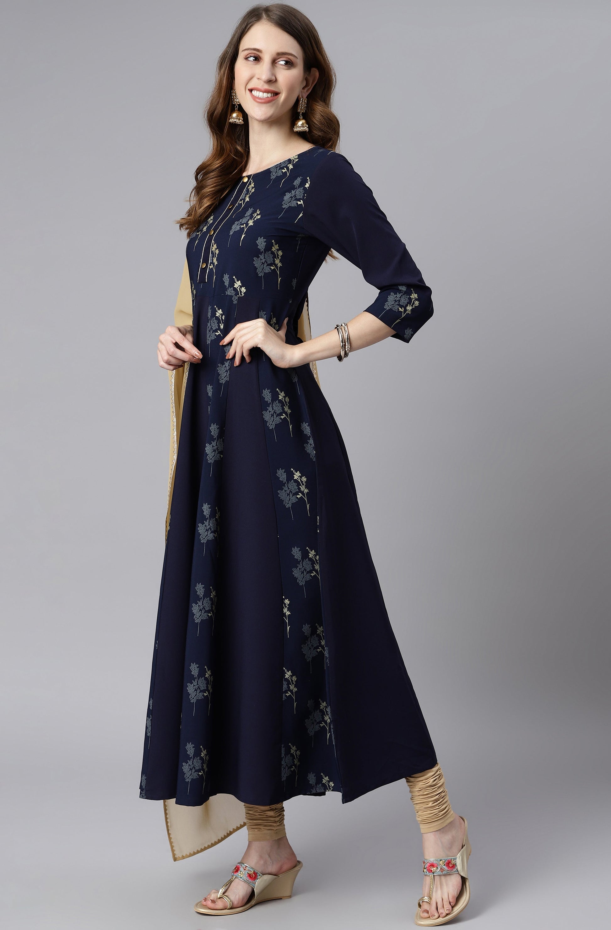Janasya Women's Navy Blue Poly Crepe Floral Printed Anarkali Casual Kurta Set | Swadesiicart
