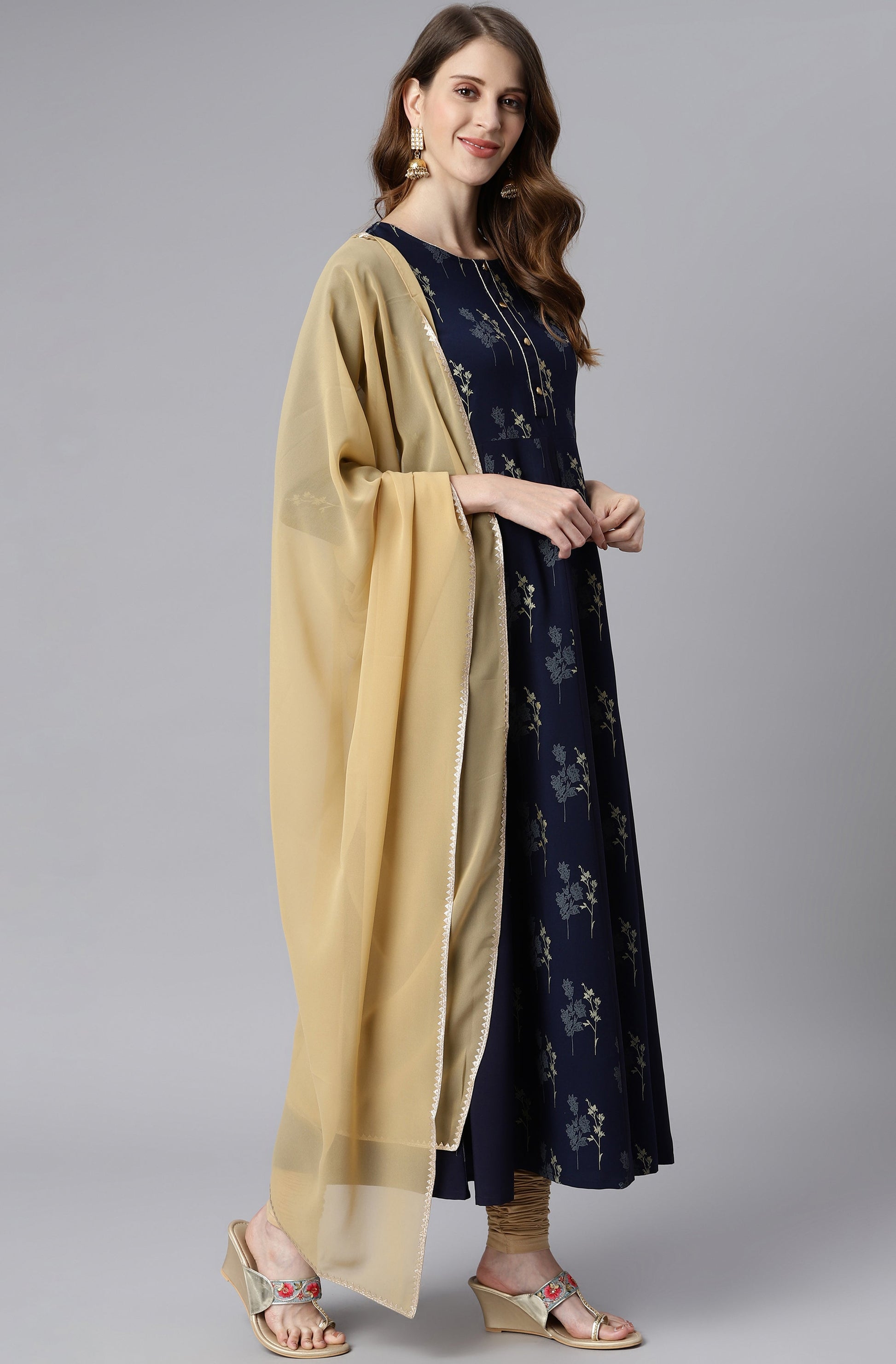 Janasya Women's Navy Blue Poly Crepe Floral Printed Anarkali Casual Kurta Set | Swadesiicart