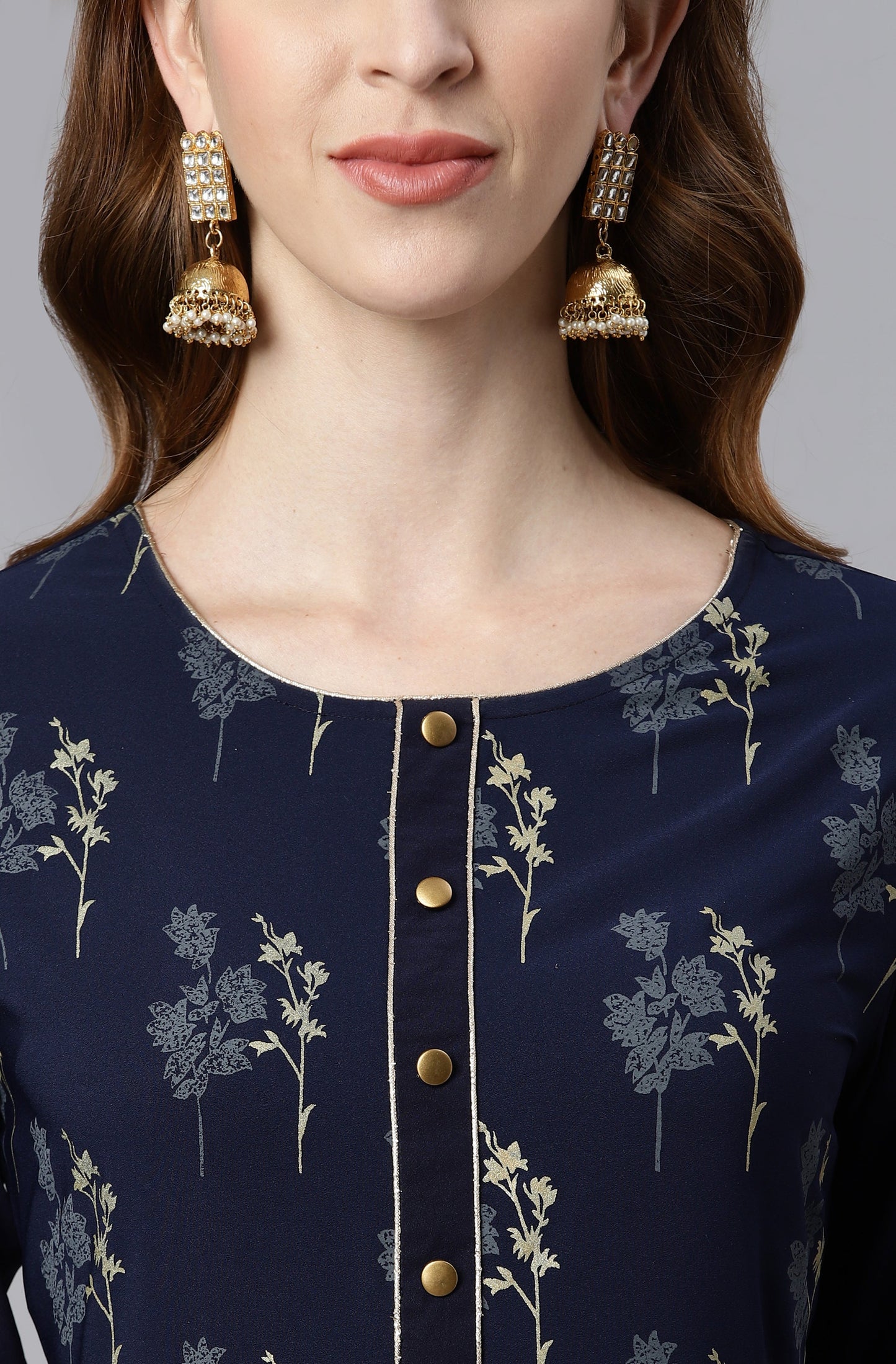 Janasya Women's Navy Blue Poly Crepe Floral Printed Anarkali Casual Kurta Set | Swadesiicart