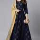 Janasya Women's Navy Blue Poly Crepe Floral Printed Anarkali Casual Kurta Set | Swadesiicart