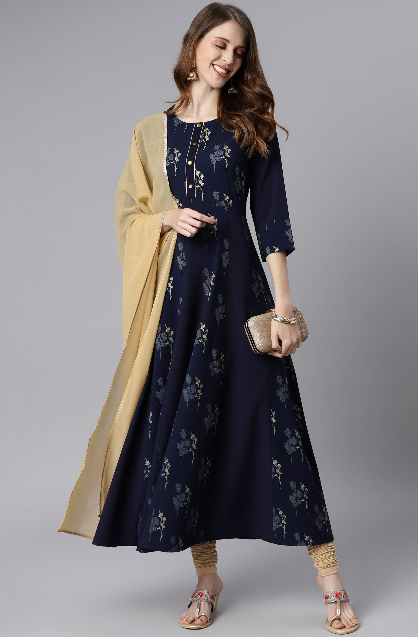 Janasya Women's Navy Blue Poly Crepe Floral Printed Anarkali Casual Kurta Set | Swadesiicart