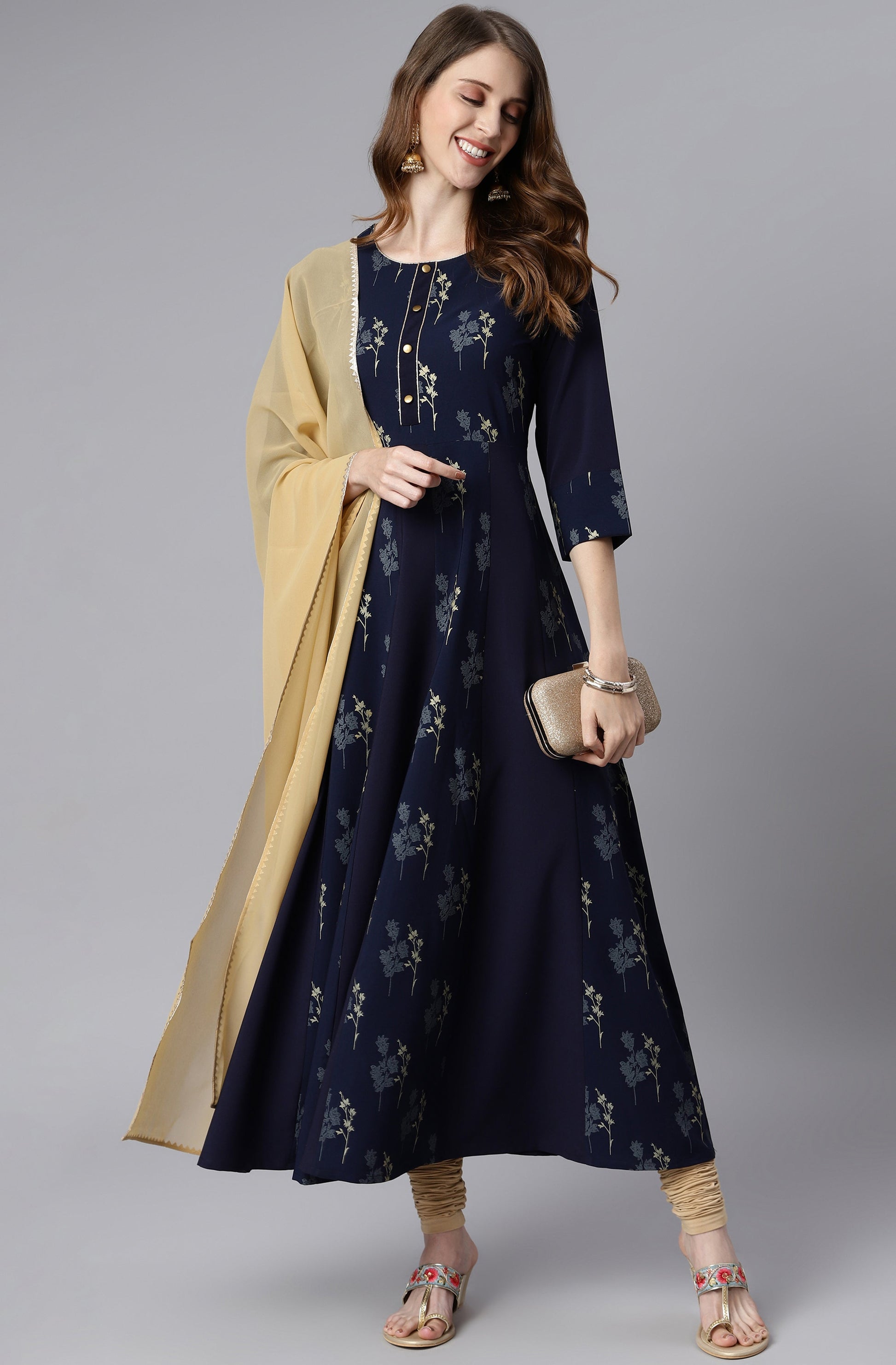 Janasya Women's Navy Blue Poly Crepe Floral Printed Anarkali Casual Kurta Set | Swadesiicart