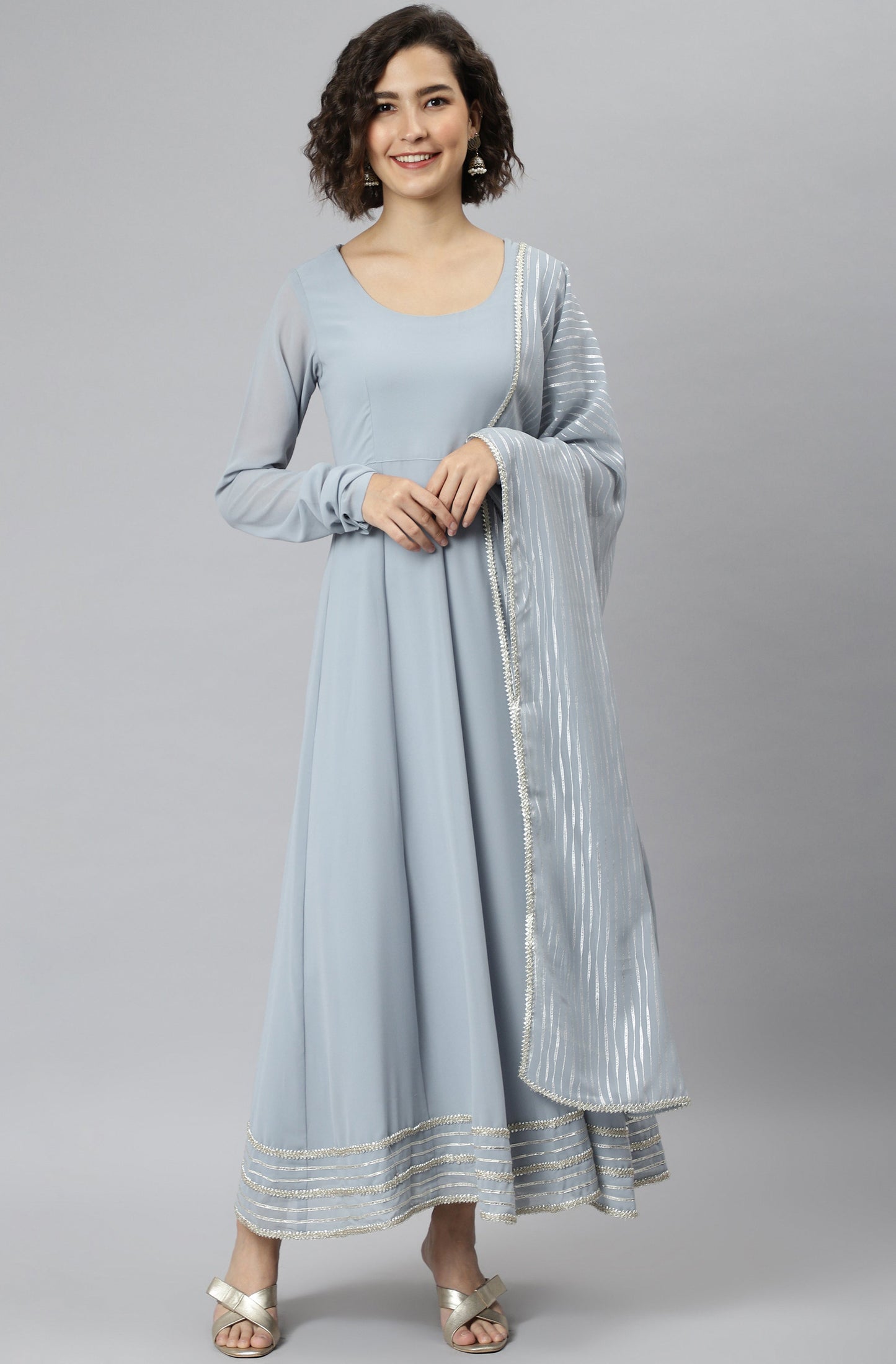 Janasya Women's Grey Poly Georgette Solid Kurta With Dupatta | Swadesiicart