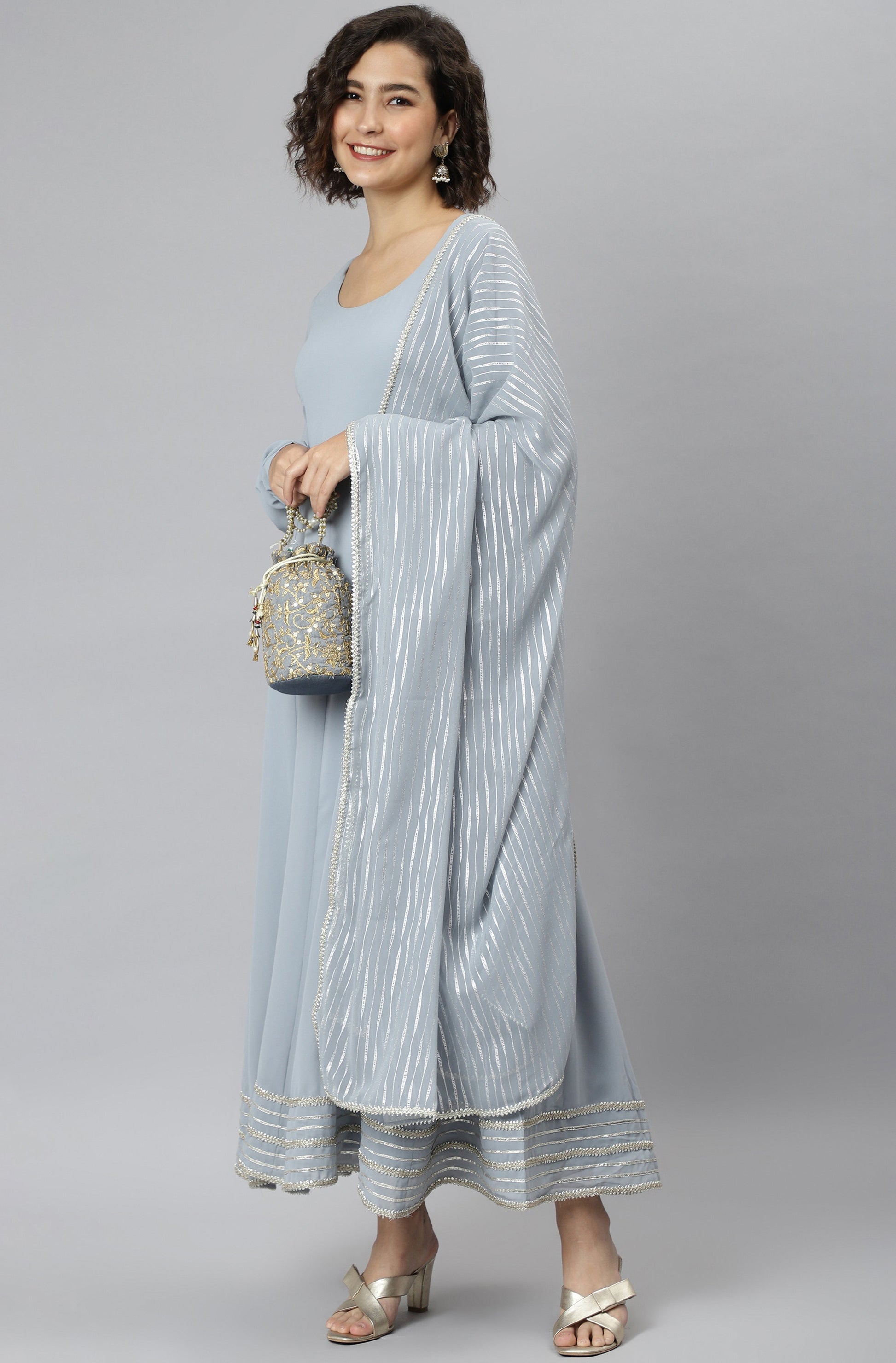 Janasya Women's Grey Poly Georgette Solid Kurta With Dupatta | Swadesiicart