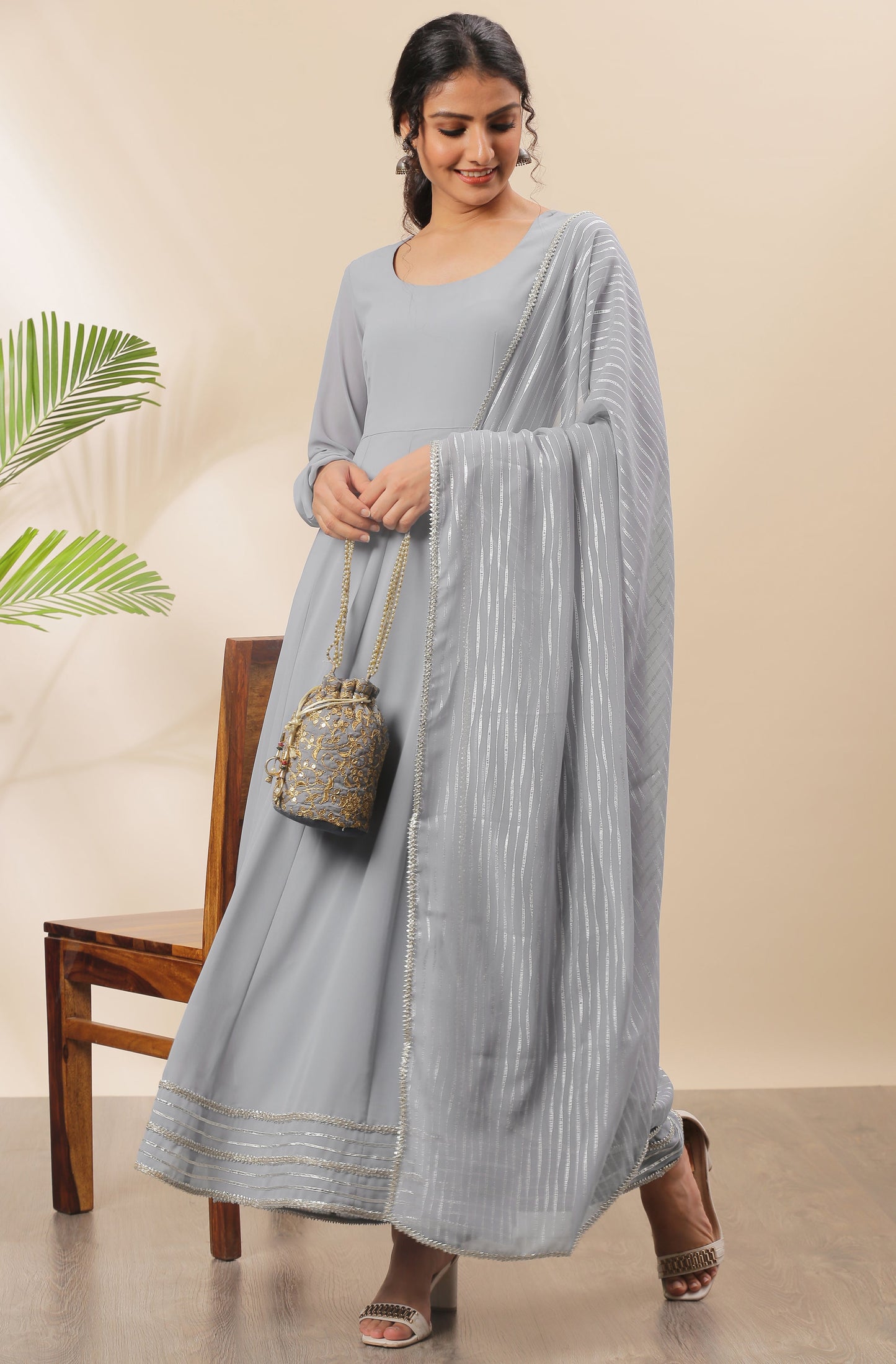 Janasya Women's Grey Poly Georgette Solid Kurta With Dupatta | Swadesiicart