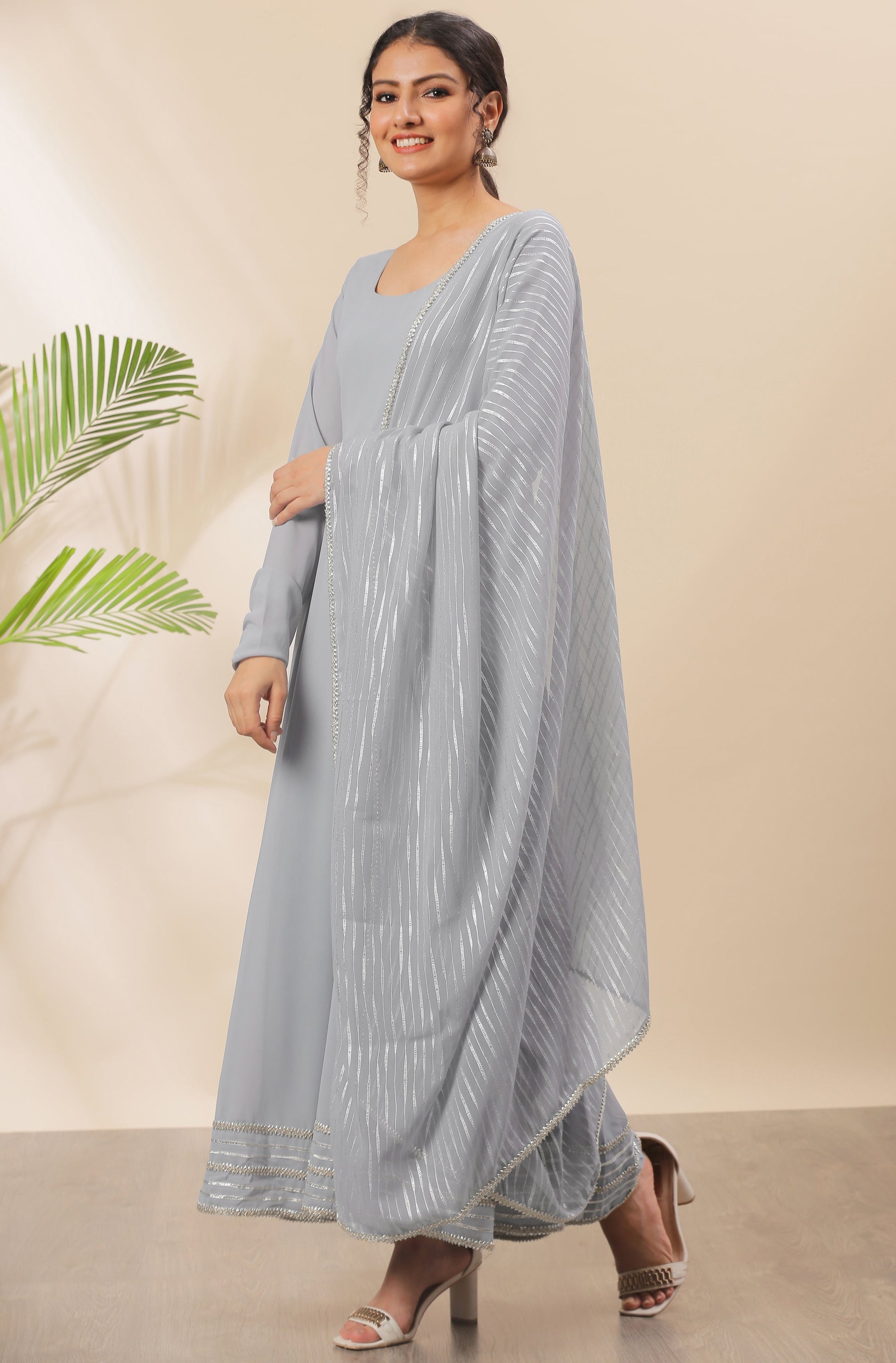 Janasya Women's Grey Poly Georgette Solid Kurta With Dupatta | Swadesiicart