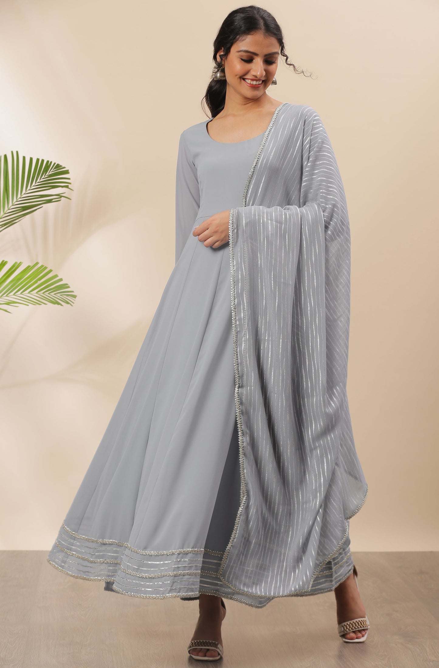 Janasya Women's Grey Poly Georgette Solid Kurta With Dupatta | Swadesiicart