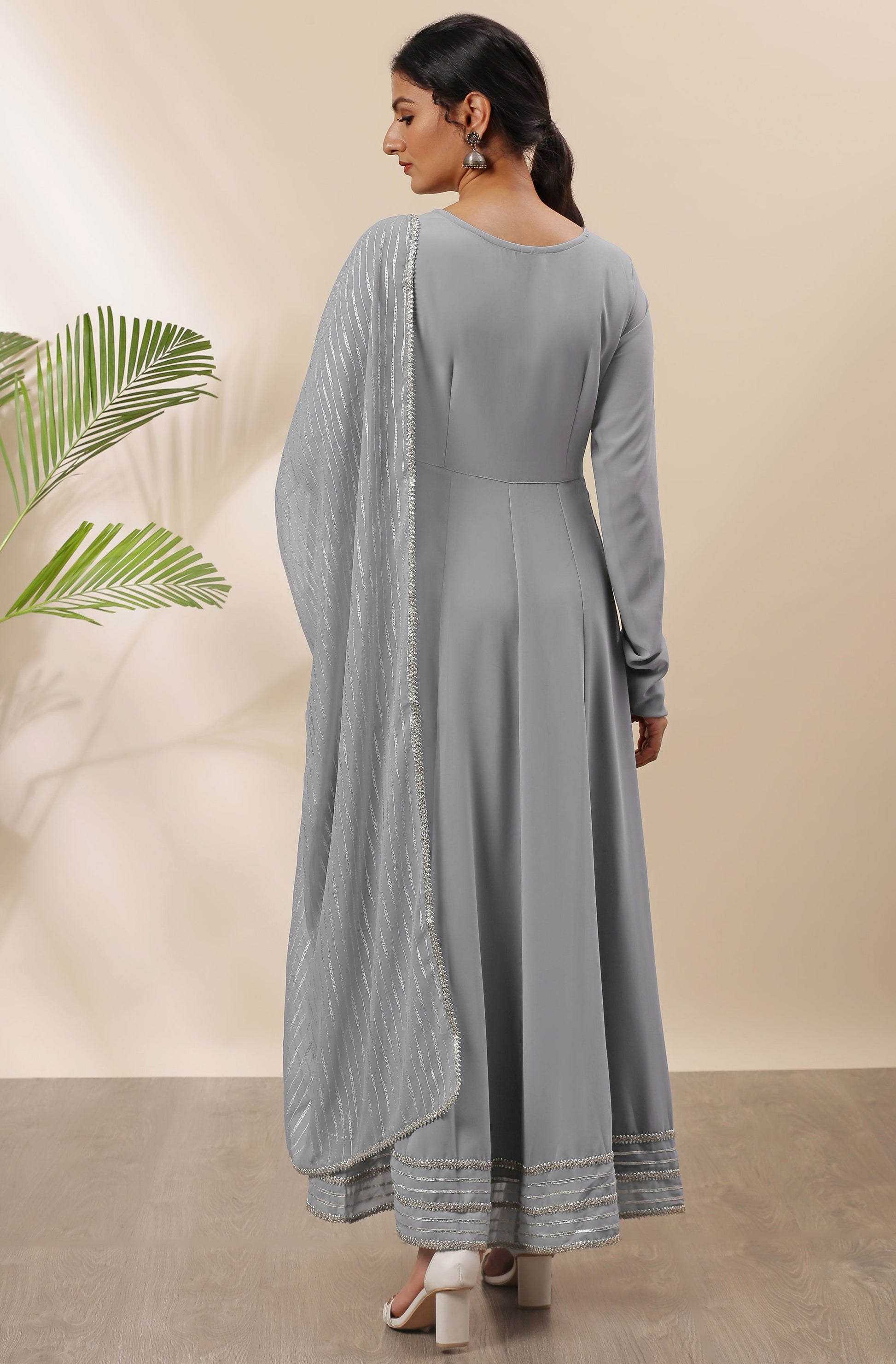 Janasya Women's Grey Poly Georgette Solid Kurta With Dupatta | Swadesiicart