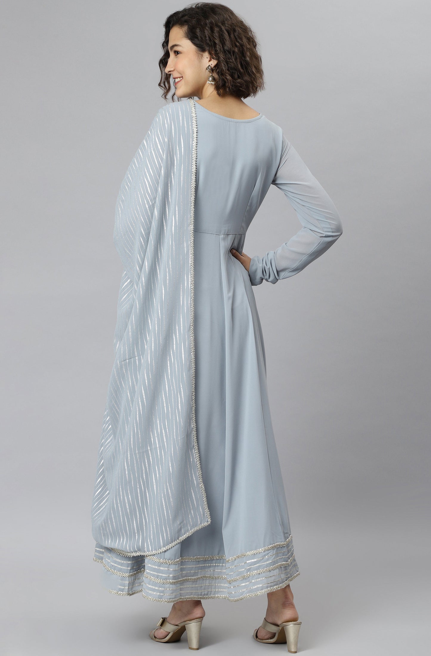 Janasya Women's Grey Poly Georgette Solid Kurta With Dupatta | Swadesiicart