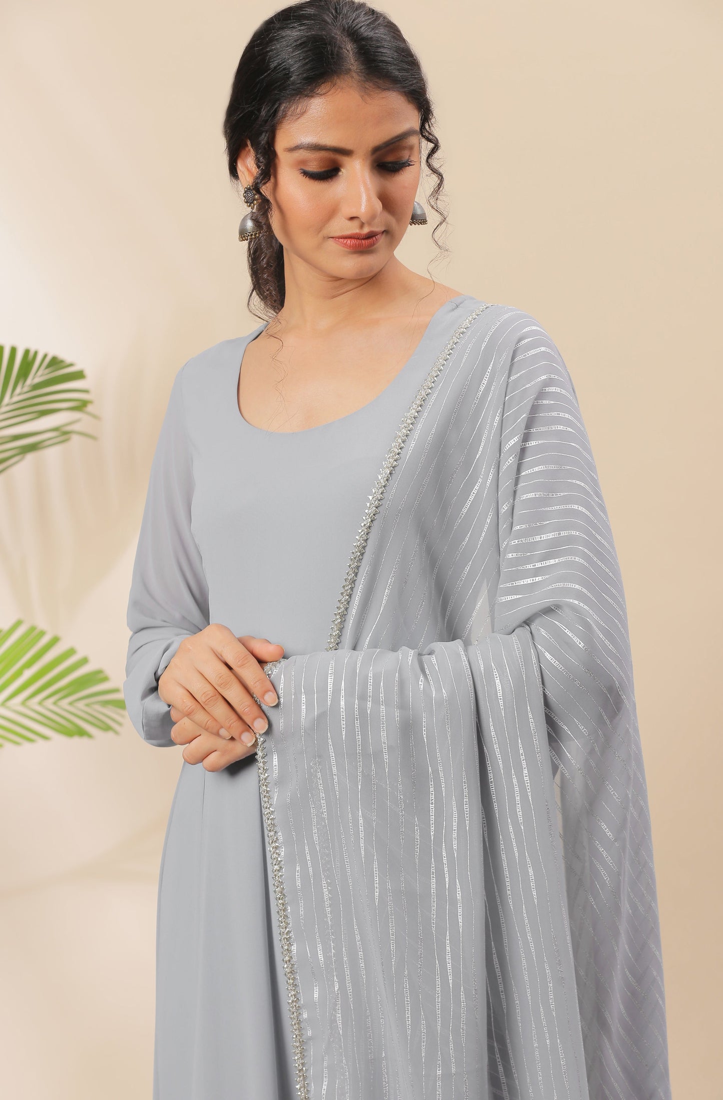 Janasya Women's Grey Poly Georgette Solid Kurta With Dupatta | Swadesiicart