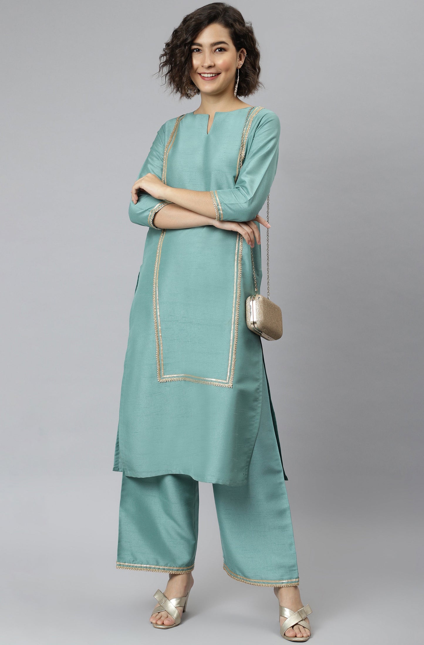 Janasya Women's Green Poly Silk Solid Straight Festive Kurta Set - Swadesiicart