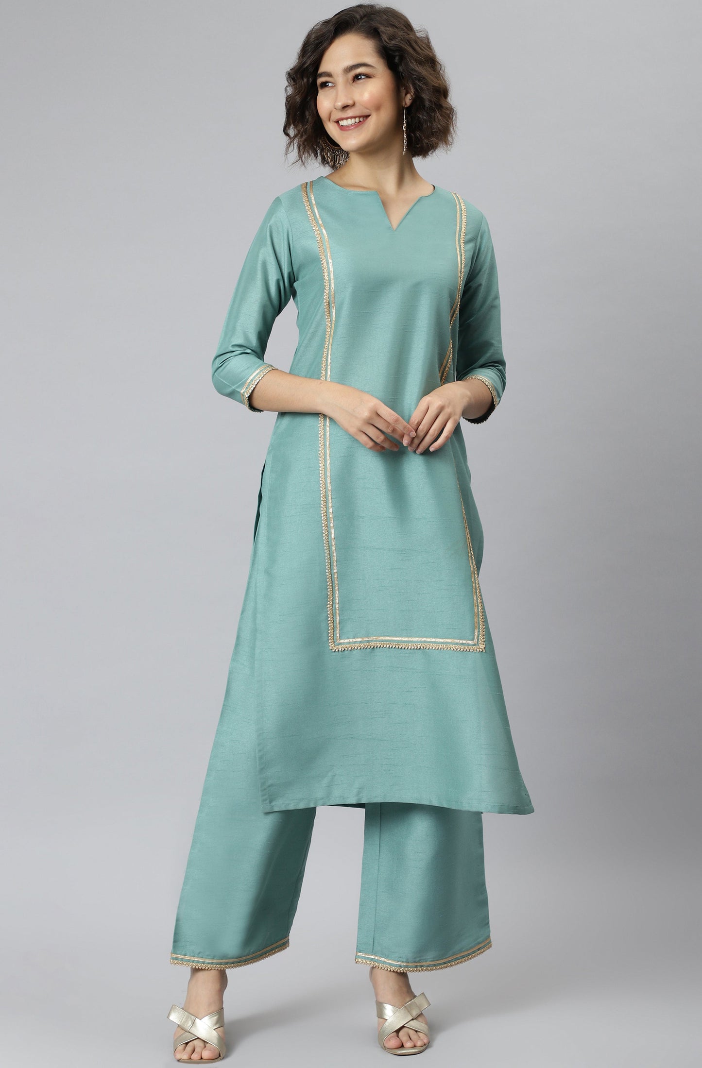 Janasya Women's Green Poly Silk Solid Straight Festive Kurta Set - Swadesiicart