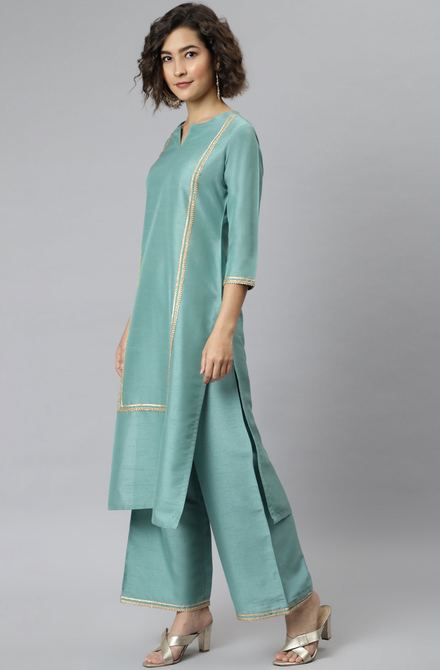 Janasya Women's Green Poly Silk Solid Straight Festive Kurta Set - Swadesiicart