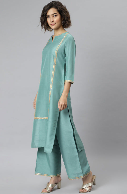 Janasya Women's Green Poly Silk Solid Straight Festive Kurta Set - Swadesiicart