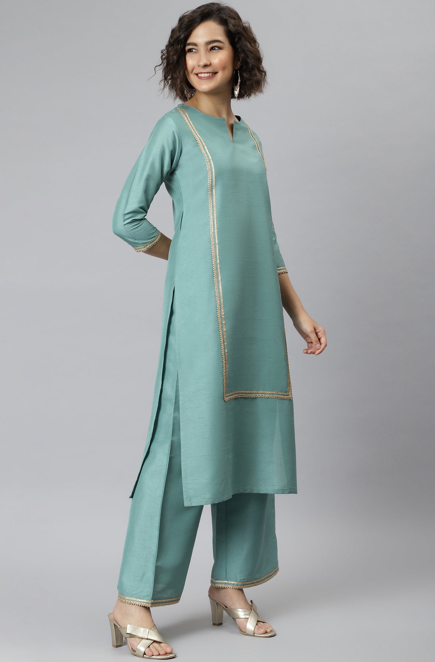 Janasya Women's Green Poly Silk Solid Straight Festive Kurta Set - Swadesiicart