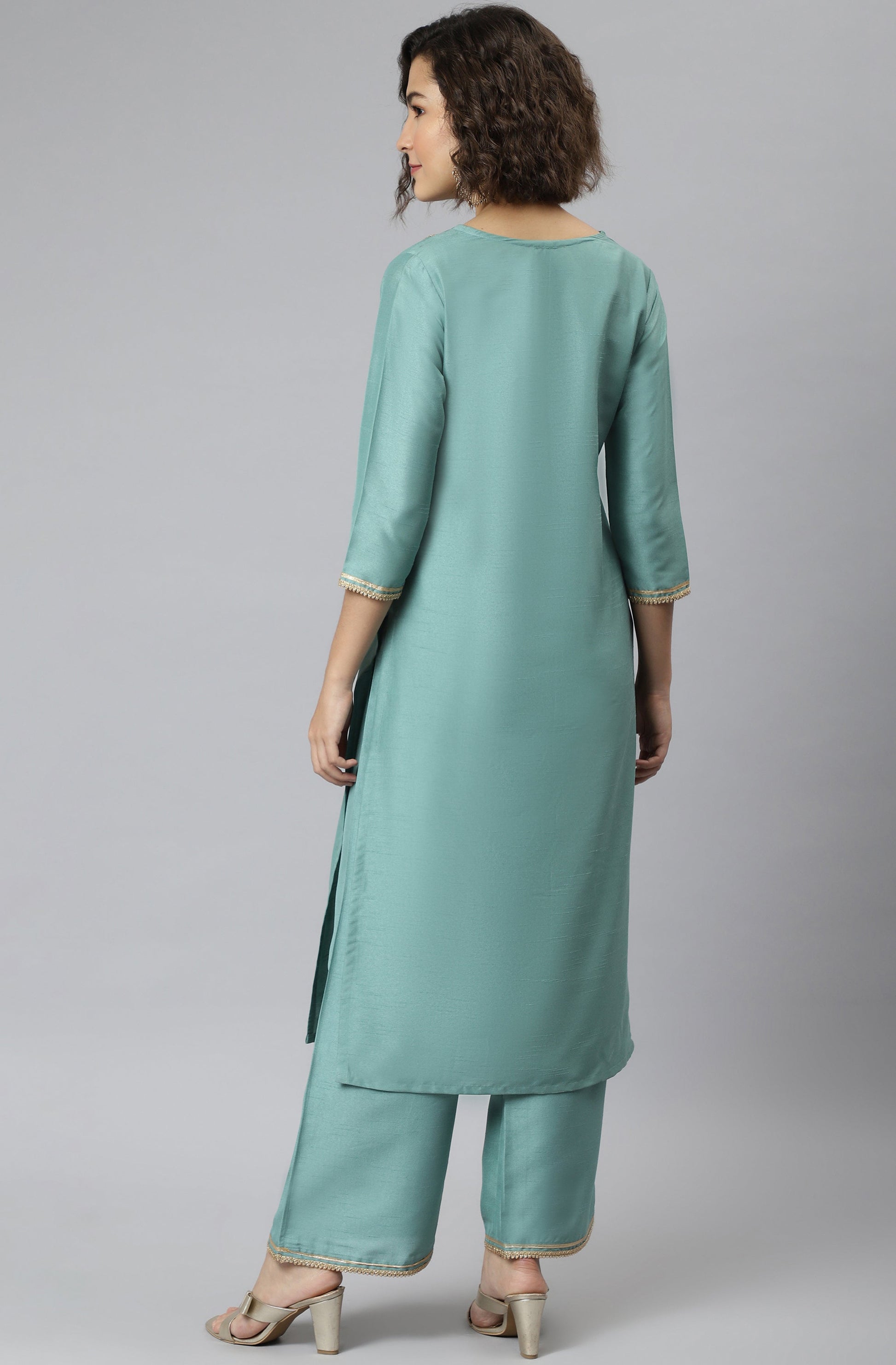 Janasya Women's Green Poly Silk Solid Straight Festive Kurta Set - Swadesiicart