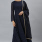 Janasya Women's Navy Blue Poly Georgette Foil Print Kurta With Dupatta | Swadesiicart
