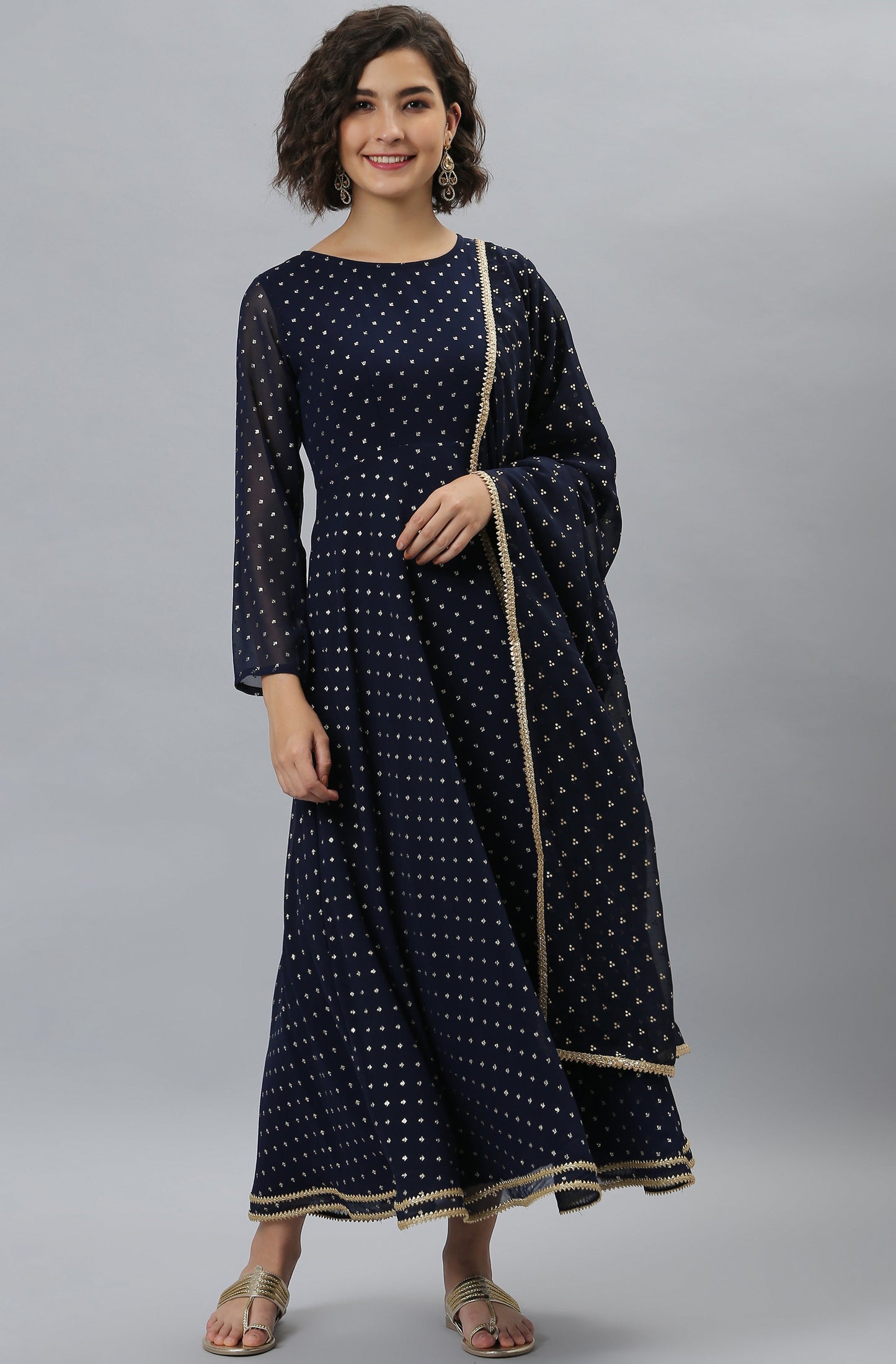 Janasya Women's Navy Blue Poly Georgette Foil Print Kurta With Dupatta | Swadesiicart