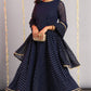 Janasya Women's Navy Blue Poly Georgette Foil Print Kurta With Dupatta | Swadesiicart