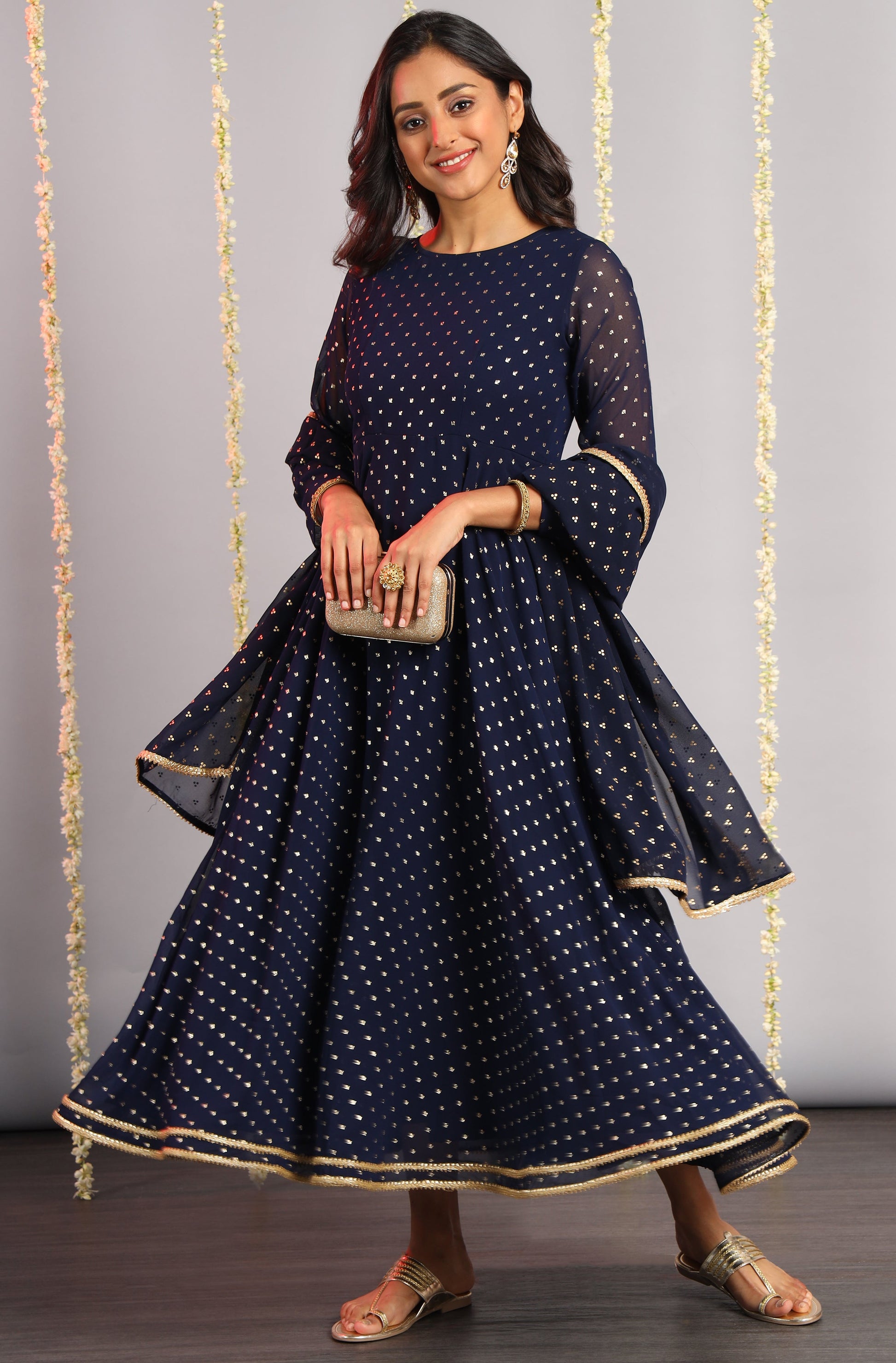 Janasya Women's Navy Blue Poly Georgette Foil Print Kurta With Dupatta | Swadesiicart