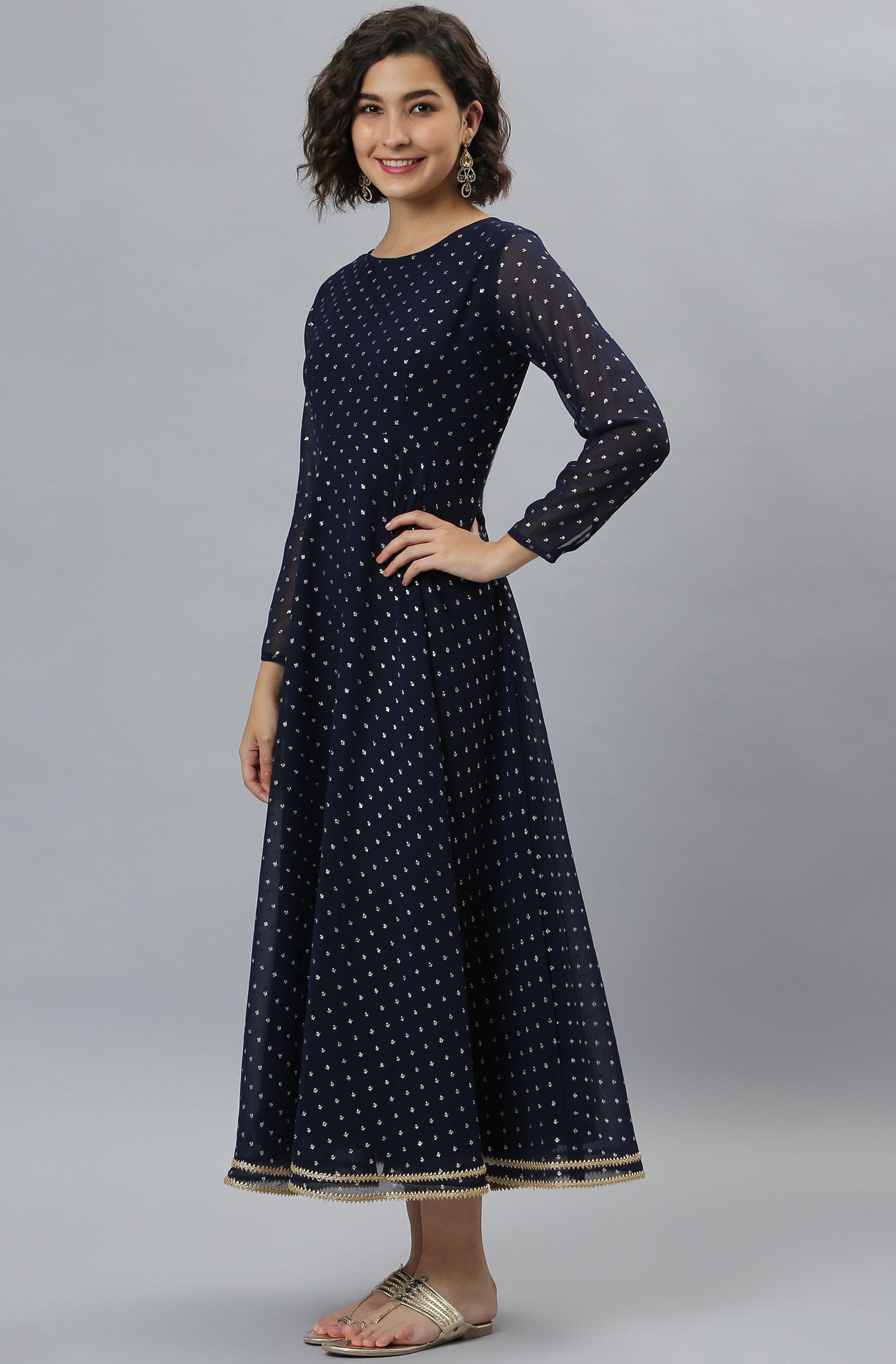 Janasya Women's Navy Blue Poly Georgette Foil Print Kurta With Dupatta | Swadesiicart