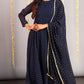 Janasya Women's Navy Blue Poly Georgette Foil Print Kurta With Dupatta | Swadesiicart