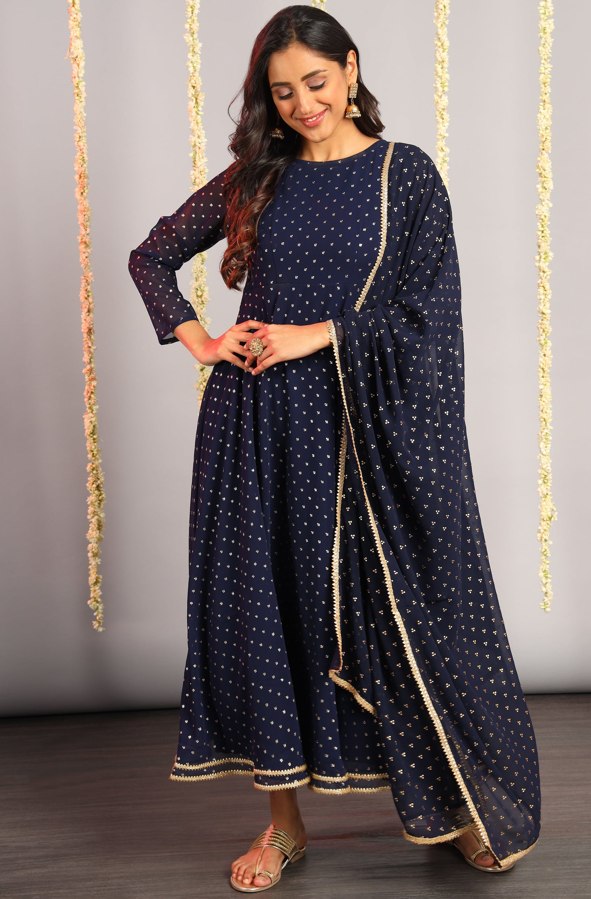 Janasya Women's Navy Blue Poly Georgette Foil Print Kurta With Dupatta | Swadesiicart