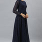 Janasya Women's Navy Blue Poly Georgette Foil Print Kurta With Dupatta | Swadesiicart