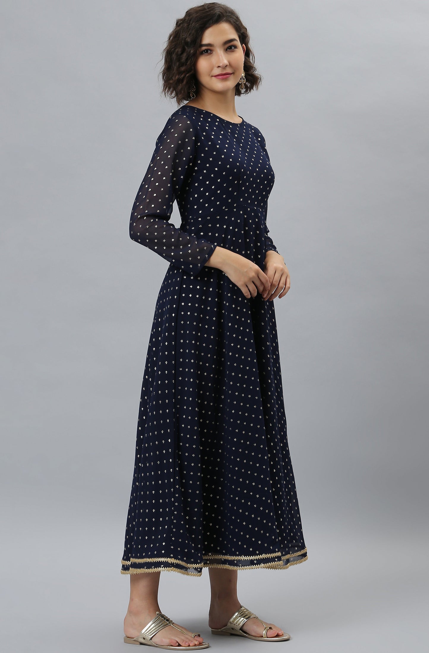 Janasya Women's Navy Blue Poly Georgette Foil Print Kurta With Dupatta | Swadesiicart