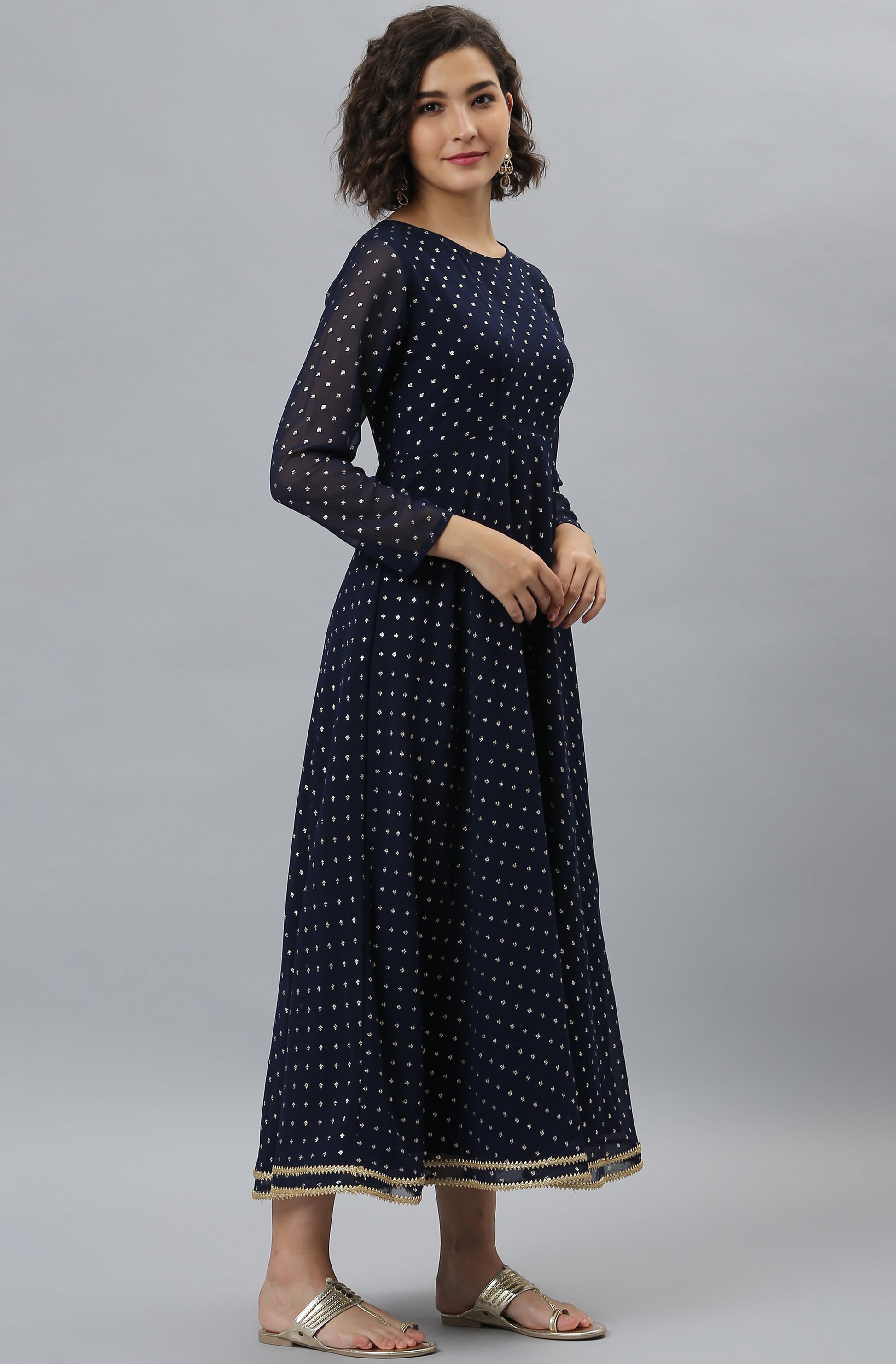 Janasya Women's Navy Blue Poly Georgette Foil Print Kurta With Dupatta | Swadesiicart