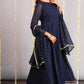 Janasya Women's Navy Blue Poly Georgette Foil Print Kurta With Dupatta | Swadesiicart