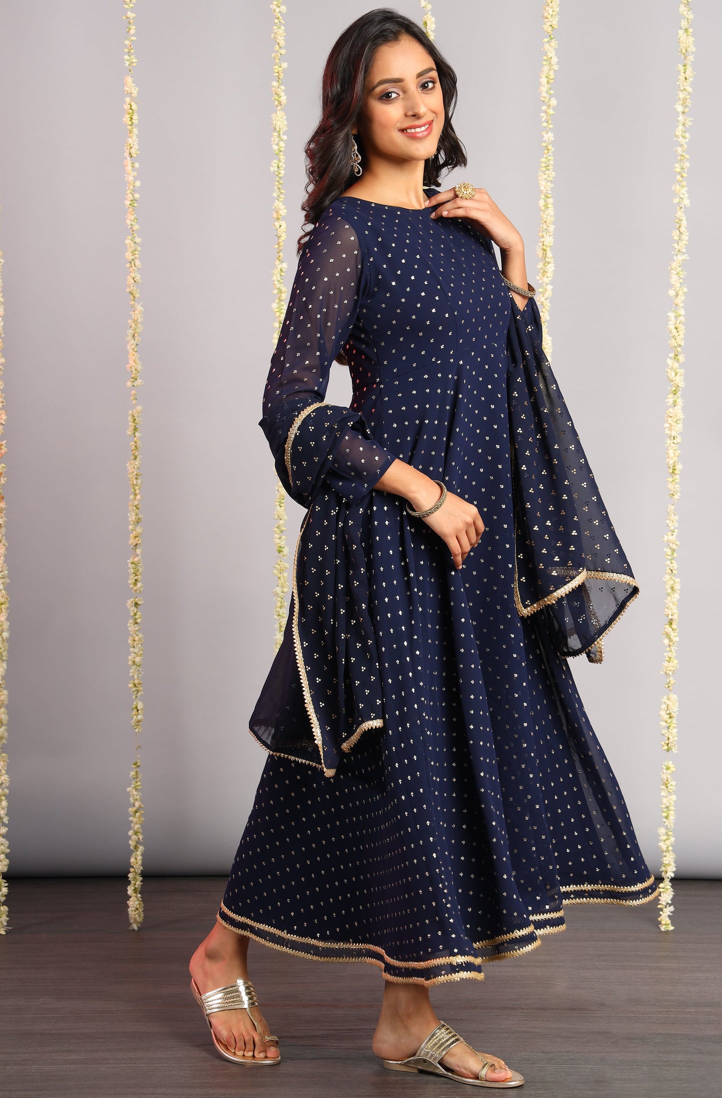 Janasya Women's Navy Blue Poly Georgette Foil Print Kurta With Dupatta | Swadesiicart