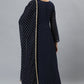 Janasya Women's Navy Blue Poly Georgette Foil Print Kurta With Dupatta | Swadesiicart
