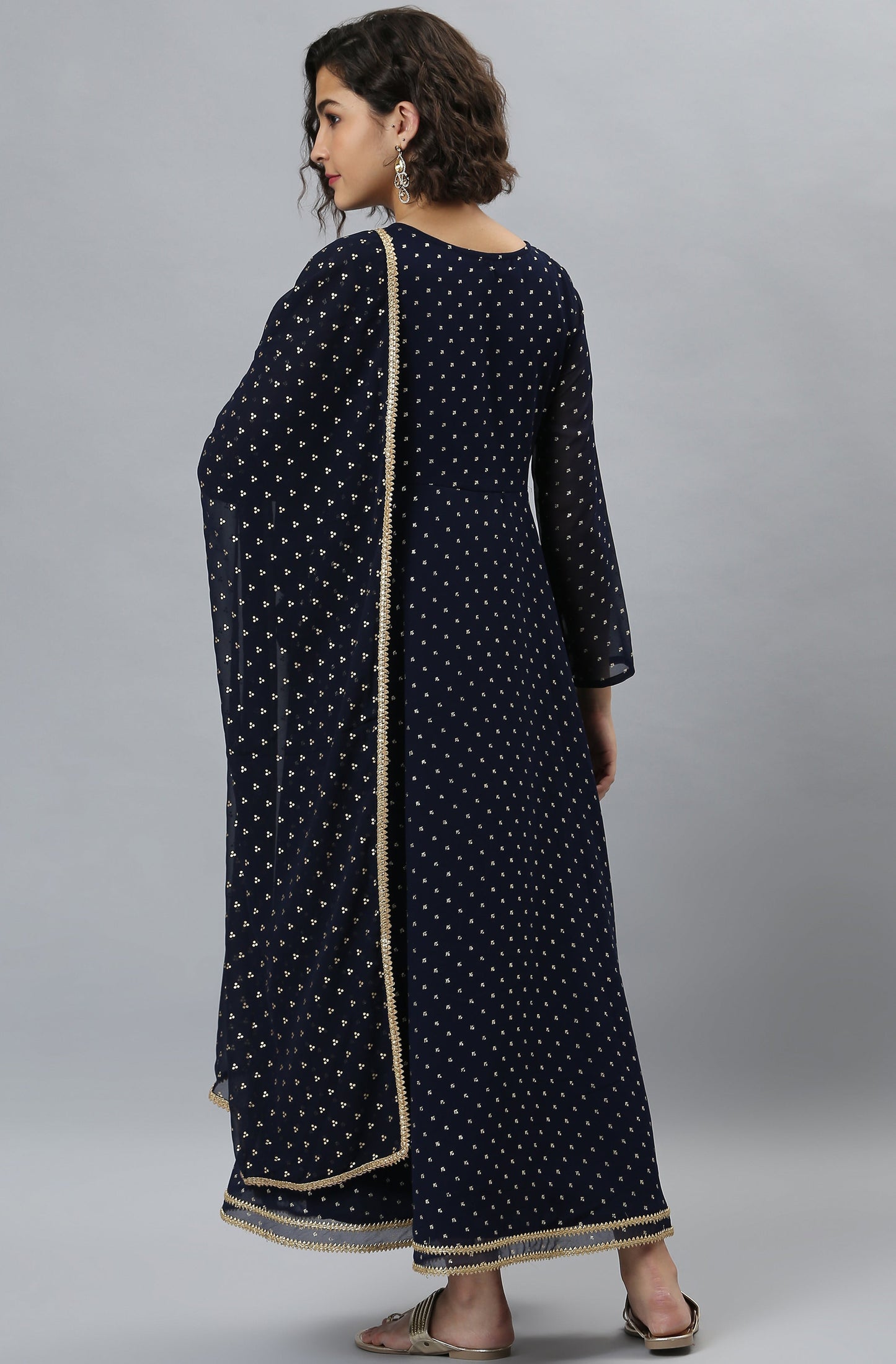 Janasya Women's Navy Blue Poly Georgette Foil Print Kurta With Dupatta | Swadesiicart