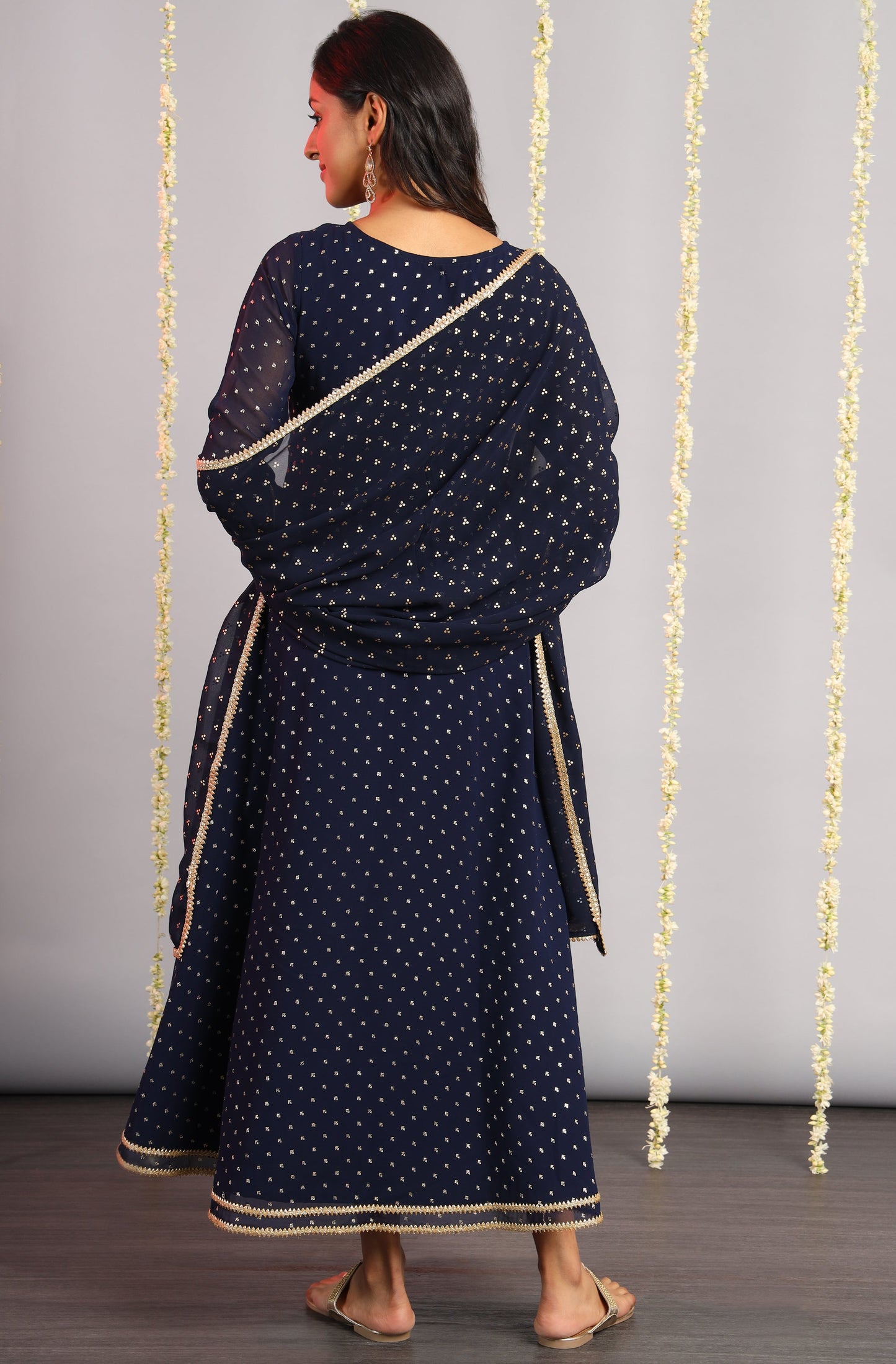 Janasya Women's Navy Blue Poly Georgette Foil Print Kurta With Dupatta | Swadesiicart