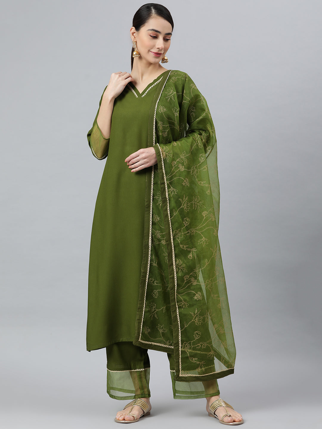 Janasya Women's Olive Green Rayon Solid Kurta With Palazzo And Dupatta | Swadesiicart