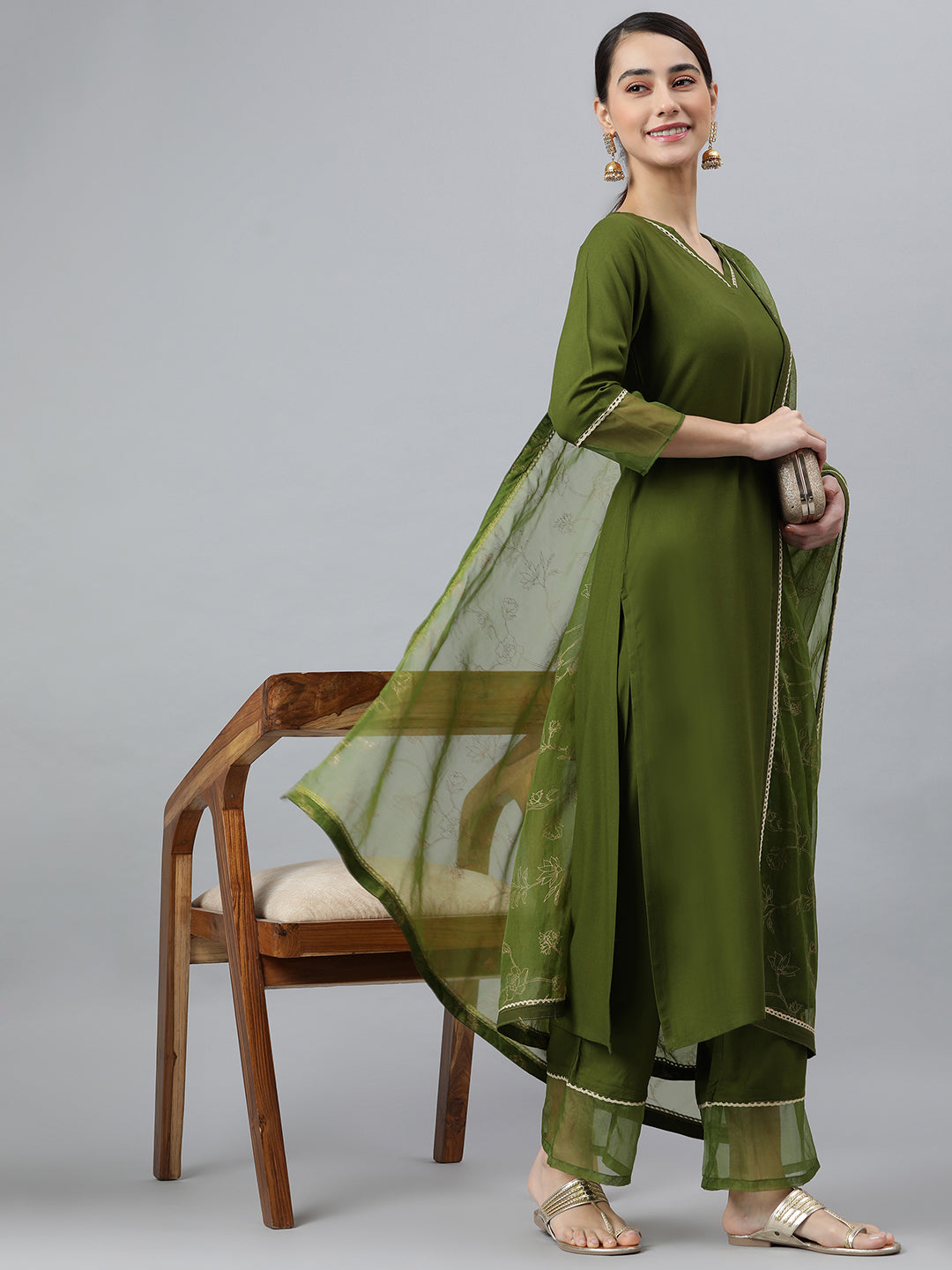 Janasya Women's Olive Green Rayon Solid Kurta With Palazzo And Dupatta | Swadesiicart