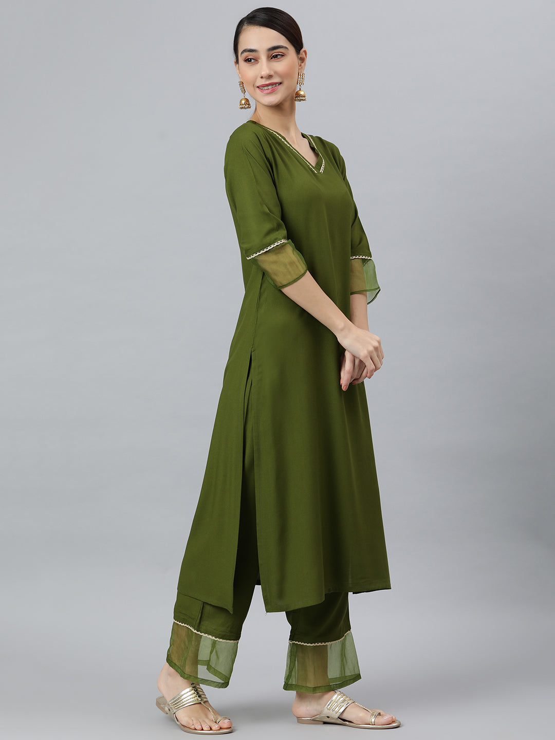 Janasya Women's Olive Green Rayon Solid Kurta With Palazzo And Dupatta | Swadesiicart