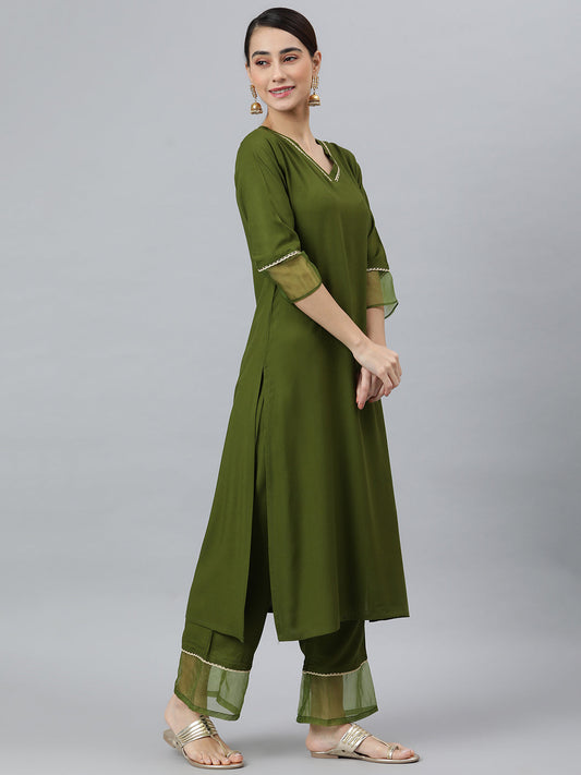 Janasya Women's Olive Green Rayon Solid Kurta With Palazzo And Dupatta | Swadesiicart