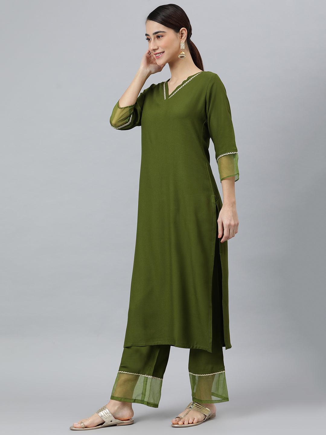 Janasya Women's Olive Green Rayon Solid Kurta With Palazzo And Dupatta | Swadesiicart