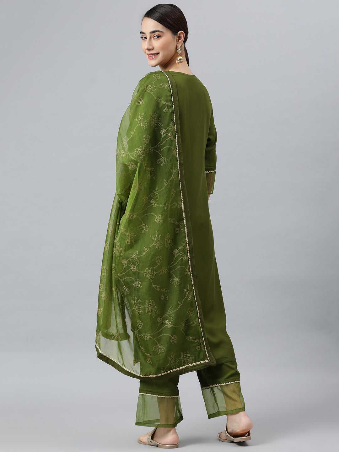 Janasya Women's Olive Green Rayon Solid Kurta With Palazzo And Dupatta | Swadesiicart