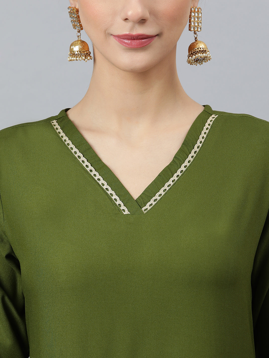 Janasya Women's Olive Green Rayon Solid Kurta With Palazzo And Dupatta | Swadesiicart