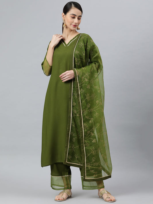 Janasya Women's Olive Green Rayon Solid Kurta With Palazzo And Dupatta | Swadesiicart